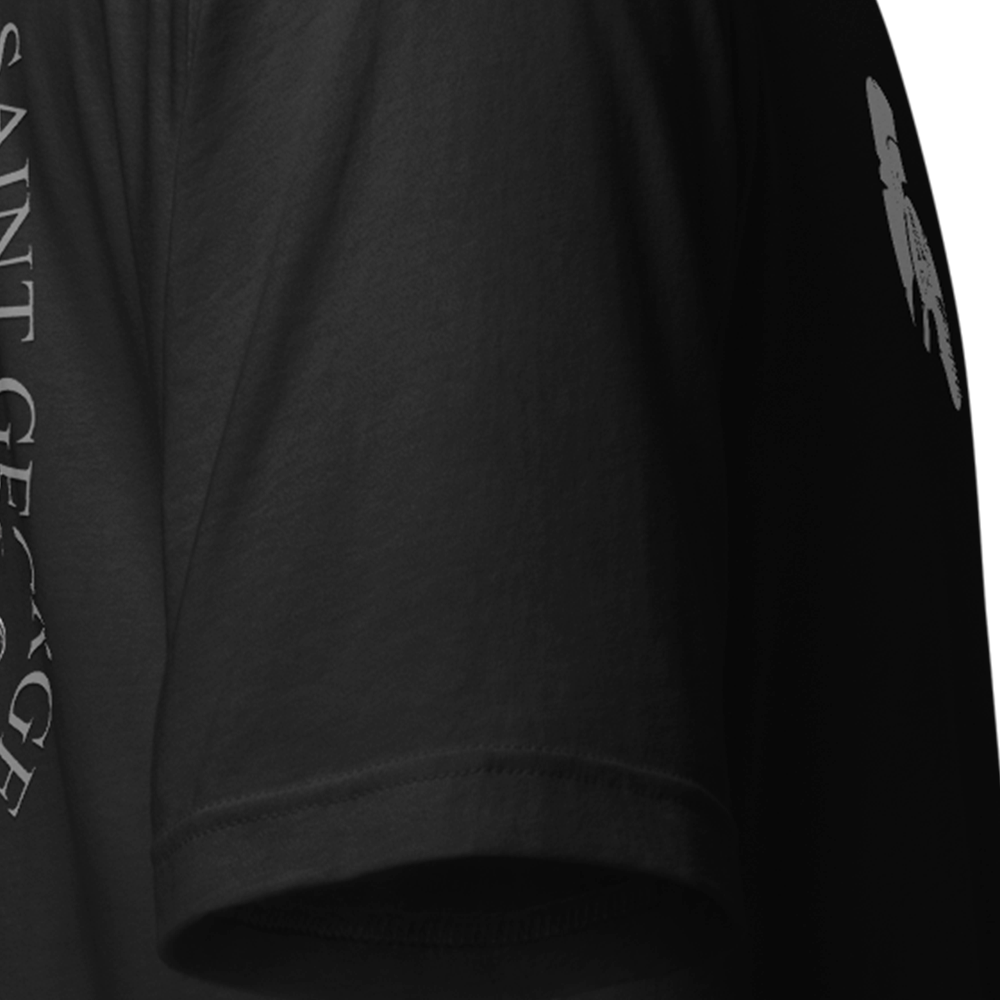 Close up of right sleeve of black Achilles Tactical Clothing Brand original cotton T-Shirt Saint George design