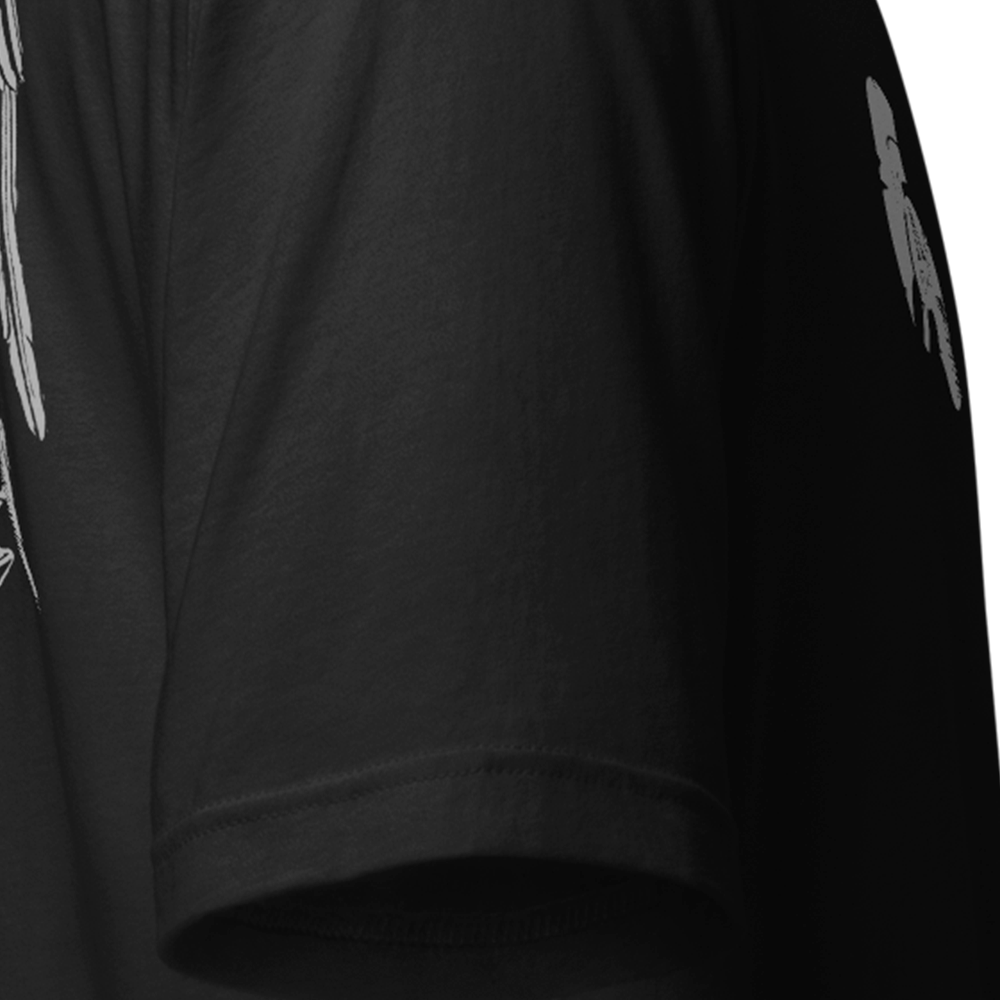 Close up of right sleeve of black Achilles Tactical Clothing Brand original cotton T-Shirt Saint Michael design