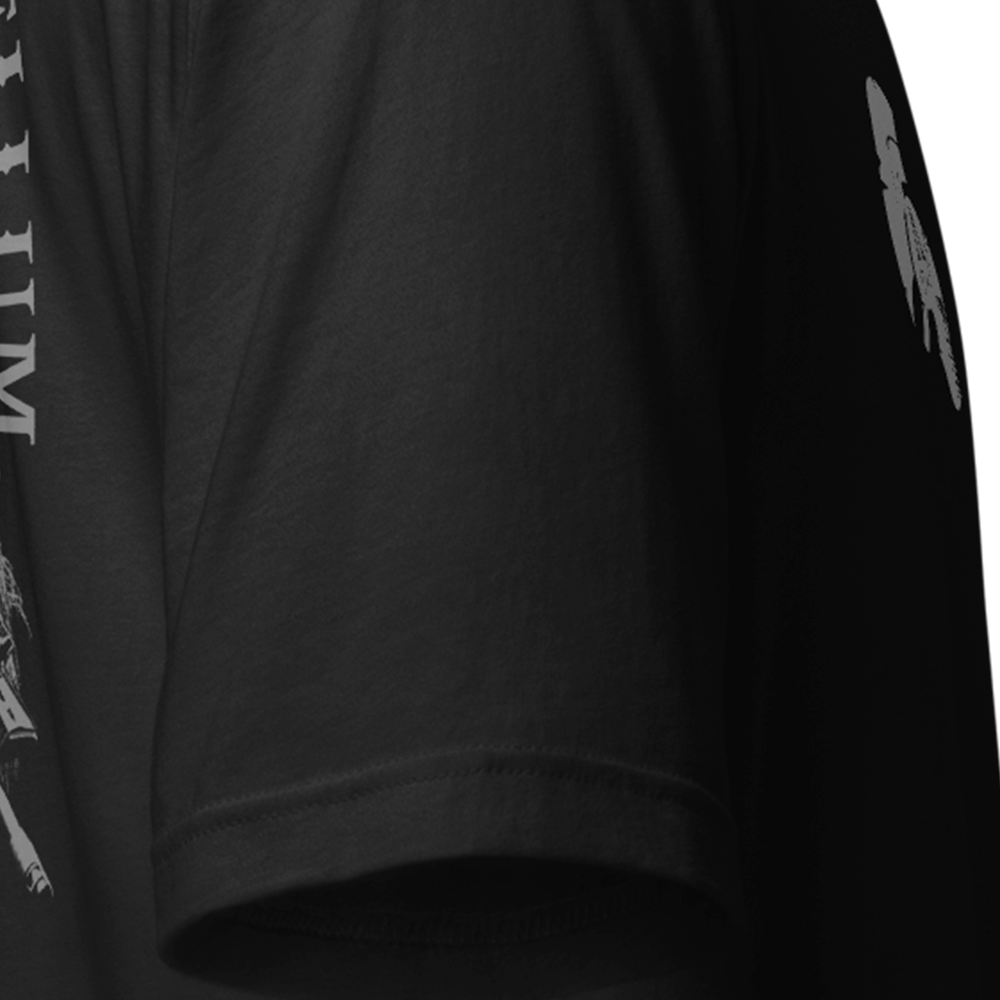 Close up of right sleeve of black Achilles Tactical Clothing Brand original cotton T-Shirt Si Vis Pacem Para Bellum design
