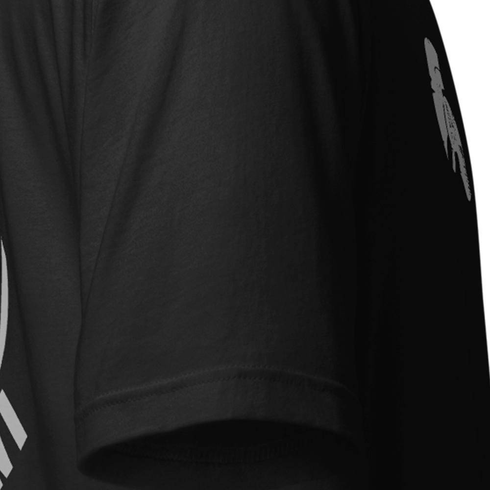 Close up of right sleeve of black Achilles Tactical Clothing Brand original cotton T-Shirt Slava Ukraini design