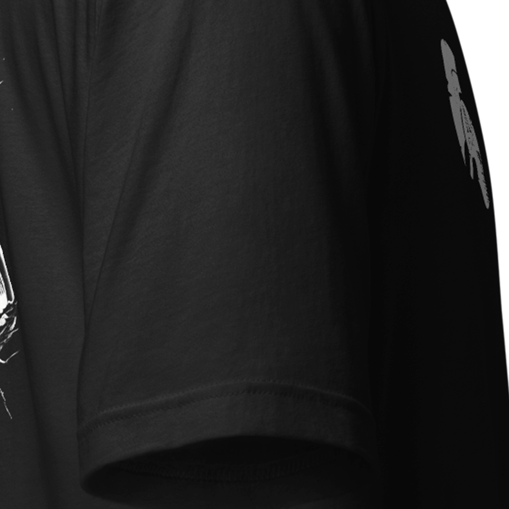 Close up of right sleeve of black Achilles Tactical Clothing Brand original cotton T-Shirt Stormtrooper Helmet design