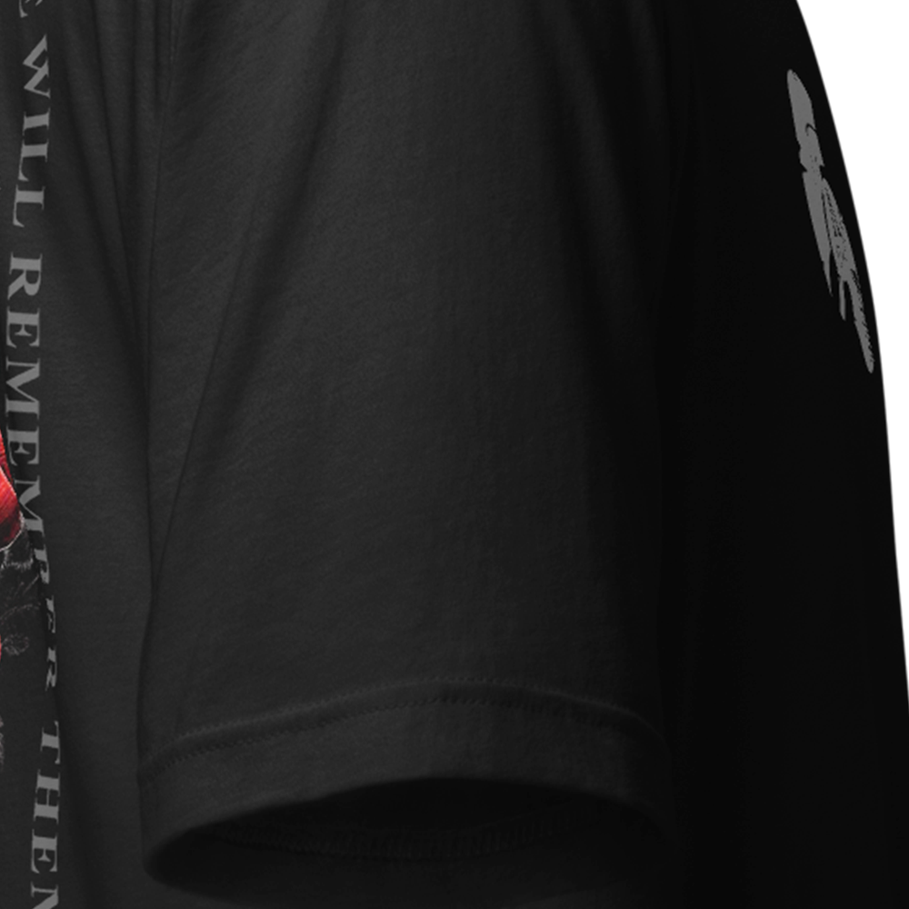 Close up of right sleeve of black Achilles Tactical Clothing Brand original cotton T-Shirt We Will Remember design