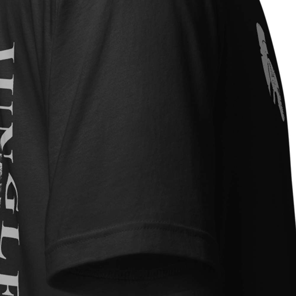 Close up of right sleeve of Black short sleeve unisex fit original cotton T-Shirt by Achilles Tactical Clothing Brand printed with welcome to the jungle design across back