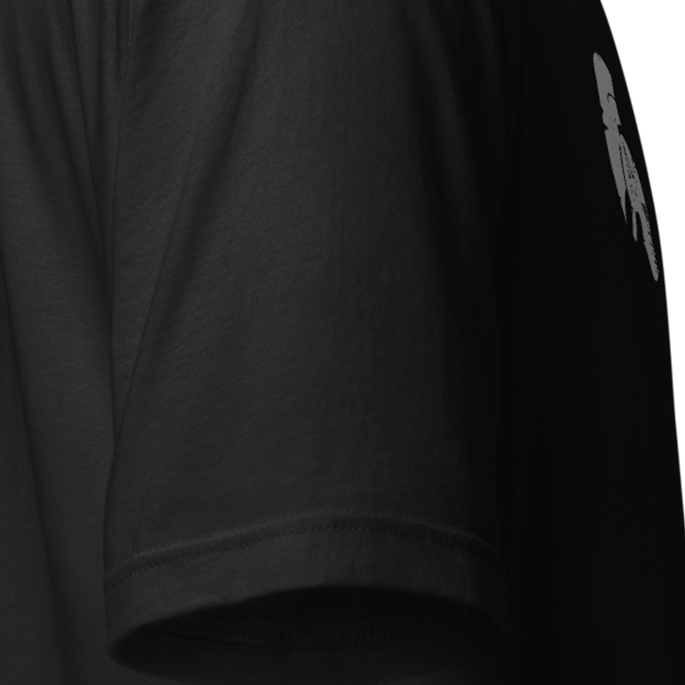 Close up of right sleeve of black Achilles Tactical Clothing Brand original cotton T-Shirt