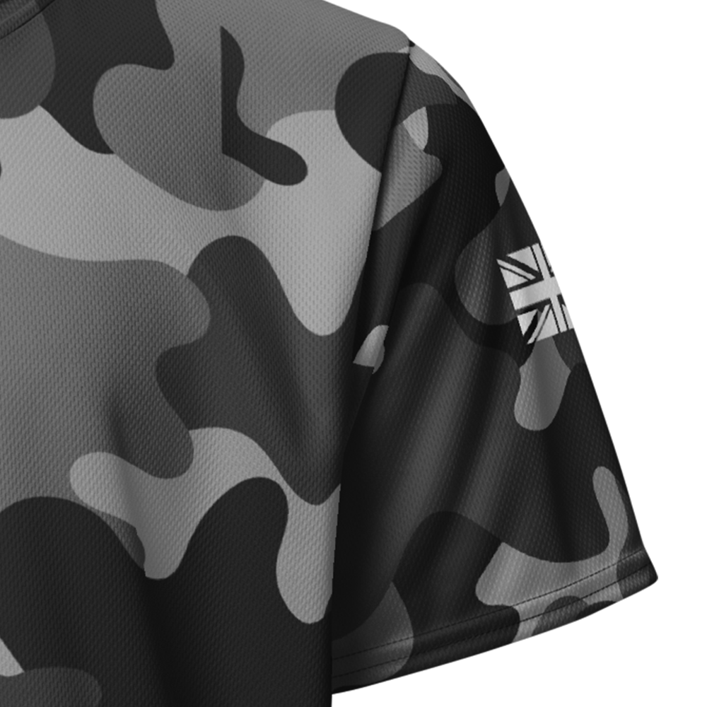 Close up of shadow camo left sleeve unisex fit Performance Jersey by Achilles Tactical Clothing Brand