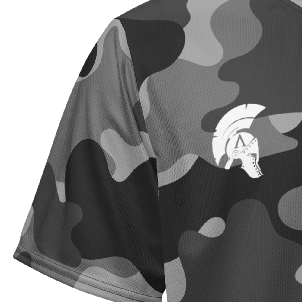 Close up of shadow camo right sleeve unisex fit Performance Jersey by Achilles Tactical Clothing Brand