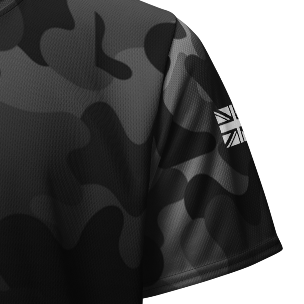 Front view of shadow camo-fade left sleeve unisex fit Performance Jersey by Achilles Tactical Clothing Brand