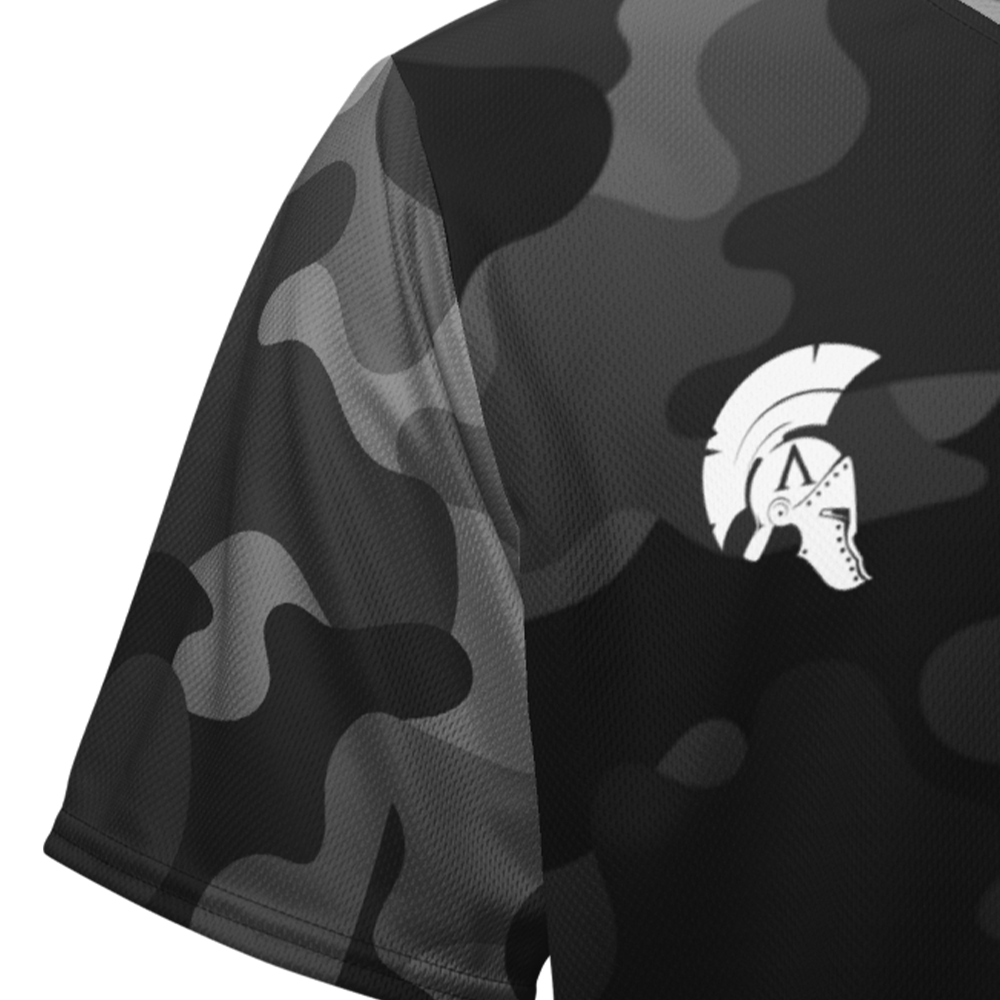 Front view of shadow camo-fade right sleeve unisex fit Performance Jersey by Achilles Tactical Clothing Brand