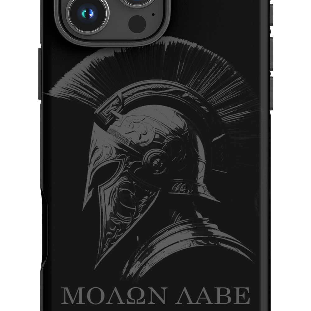 Close up of Front view of Achilles Tactical Clothing Brand case for iphone with molon labe design