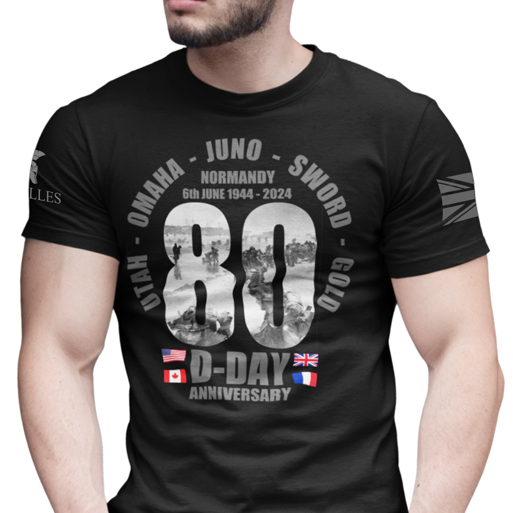 Front view of man wearing Black short sleeve classic cotton unisex fit T-Shirt by Achilles Tactical Clothing Brand with screen printed D-Day design