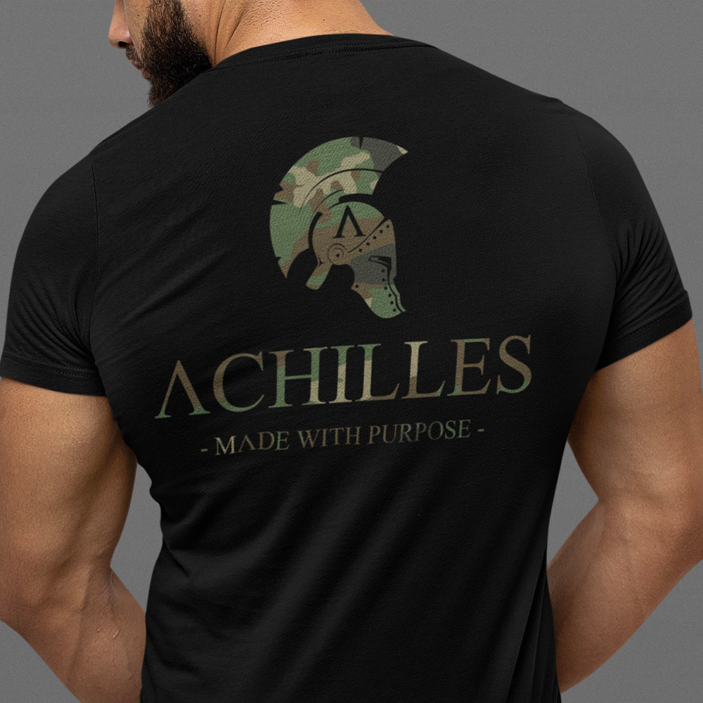 Back view of man wearing black short sleeve unisex fit original T-Shirt by Achilles Tactical Clothing Brand signature DPM Cam design