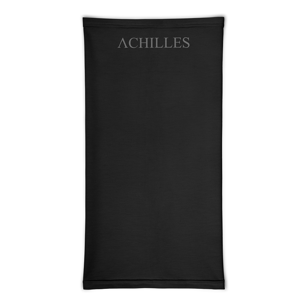 Flat View of black Achilles Tactical Clothing Brand head face and neck tube printed with wolf grey Achilles Icon Logo design
