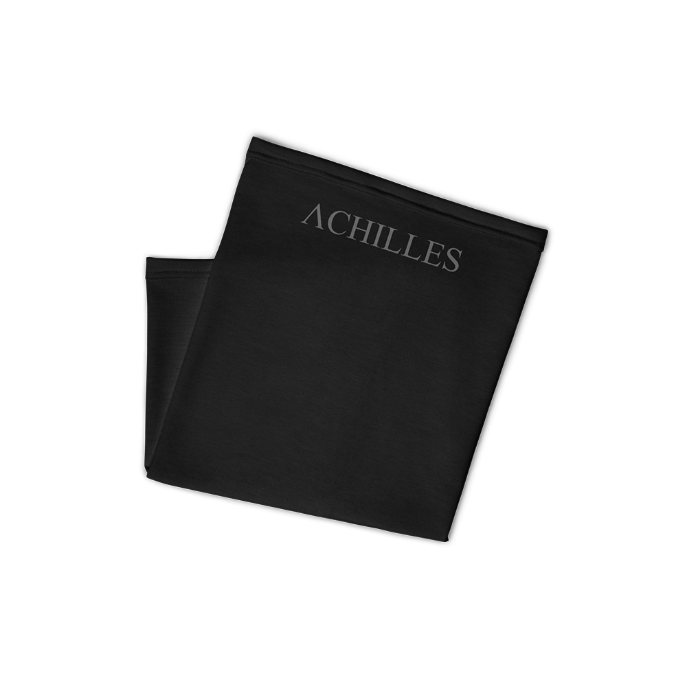 Folded View of black Achilles Tactical Clothing Brand head face and neck tube printed with wolf grey Achilles Icon Logo design