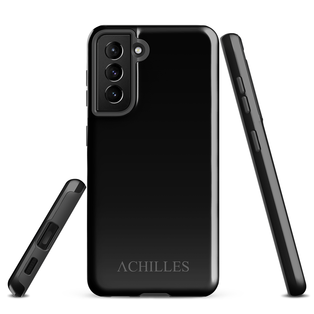 Front side and underside view of black Samsung tough phone case with Achilles Tactical Clothing Brand wording logo