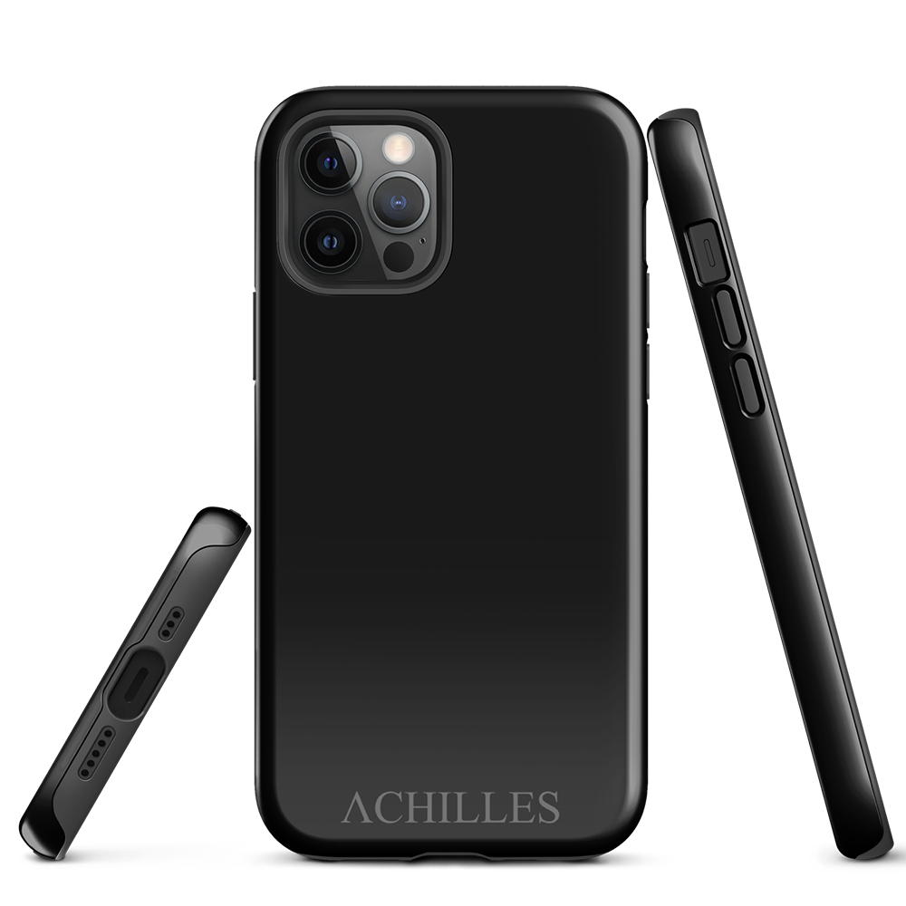 Front side and underside view of black iphone tough phone case with Achilles Tactical Clothing Brand wording logo