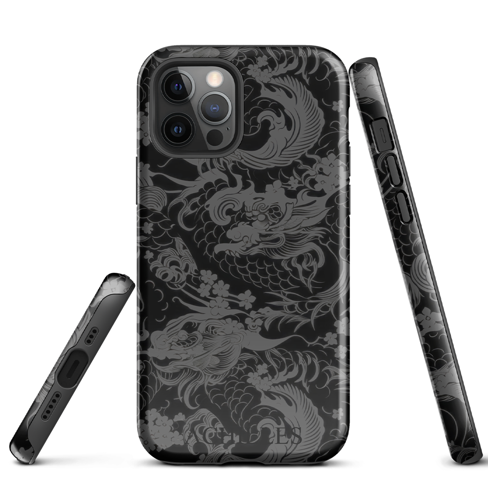 Front side and underside view of Grey Japanese iphone tough phone case with Achilles Tactical Clothing Brand wording logo