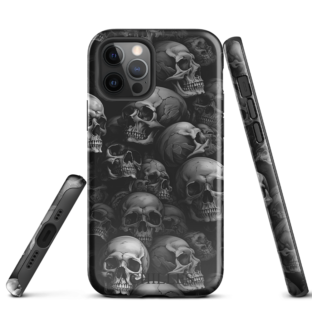 Front side and underside view of Grey Skulls iphone tough phone case with Achilles Tactical Clothing Brand wording logo