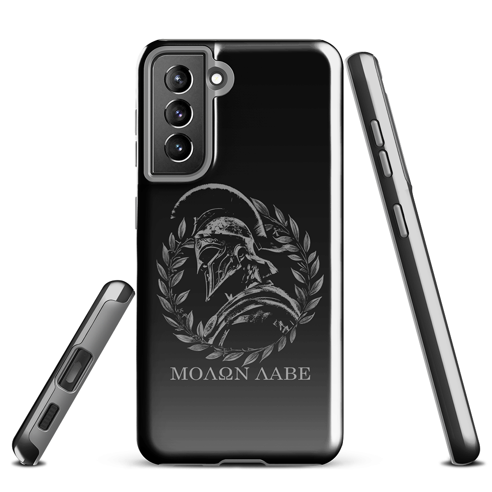 Front side and underside view of Molon Labe Spartan Samsung tough phone case by Achilles Tactical Clothing Brand