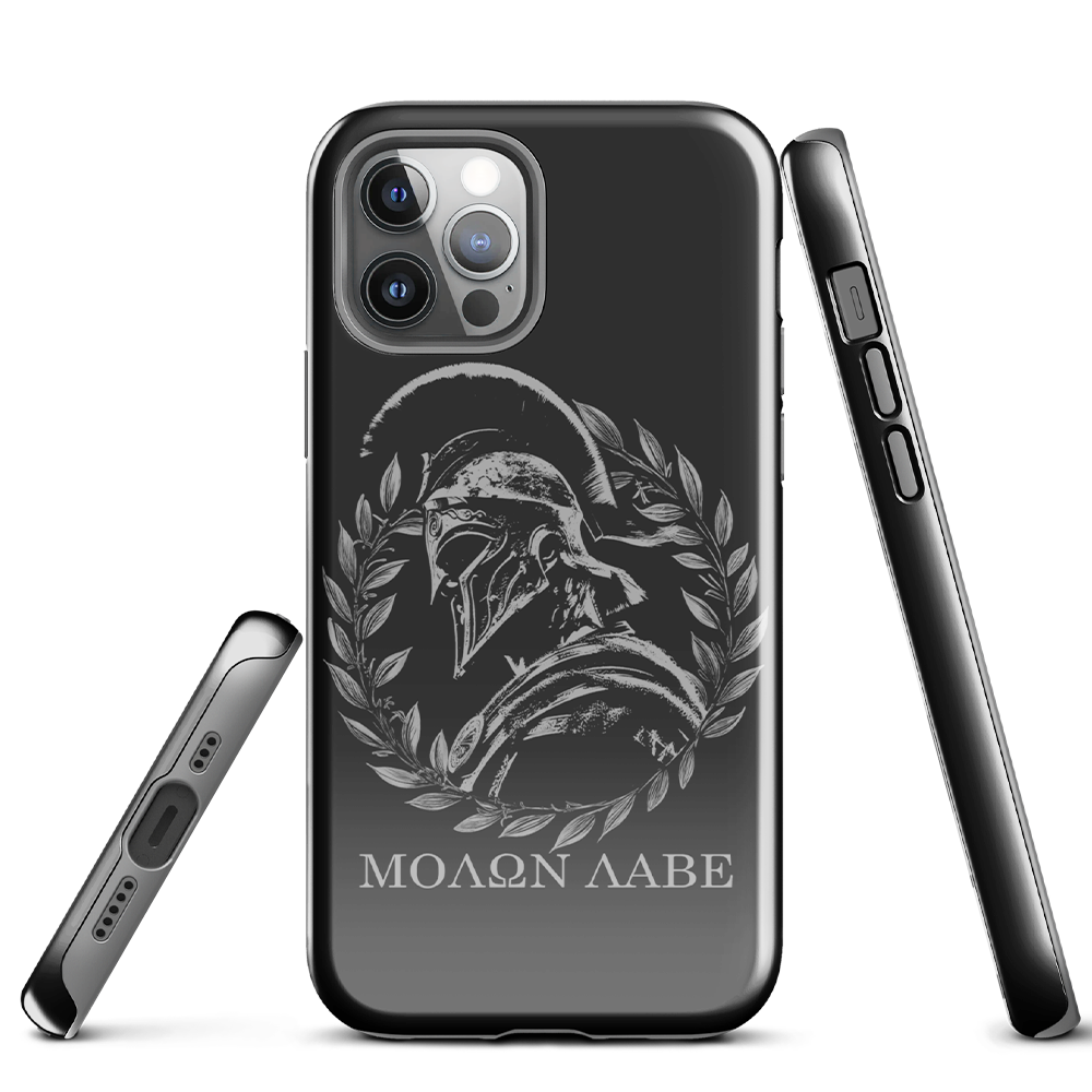 Front side and underside view of Molon Labe Spartan iphone tough phone case with Achilles Tactical Clothing Brand wording logo