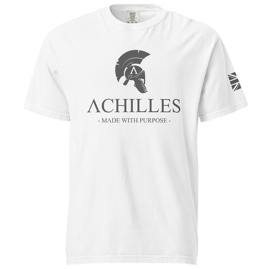 Front View of white short sleeve classic cotton unisex fit T-Shirt by Achilles Tactical Clothing Brand with screen printed Signature design on front