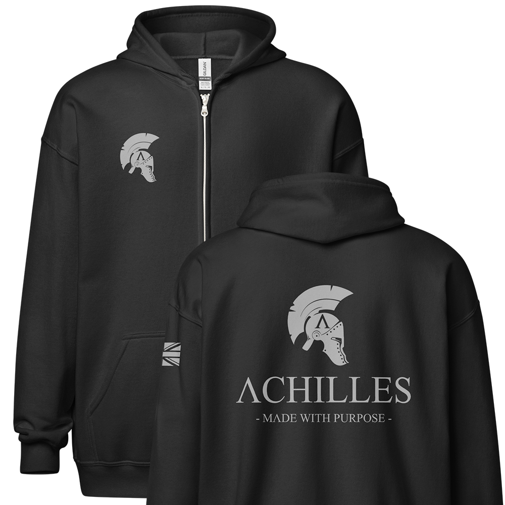 Front and Back view of Black unisex fit zipper hoodie by Achilles Tactical Clothing Brand with Wolf Grey Signature Design across back