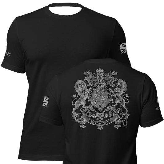 Front and Back view of Black short sleeve unisex fit Athletic tee by Achilles Tactical Clothing Brand with Wolf grey Realm design across back