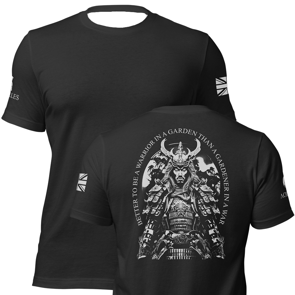 Front and Back view of Black short sleeve unisex fit Athletic tee by Achilles Tactical Clothing Brand with Wolf grey Warrior in a garden design across back