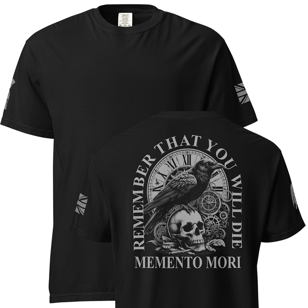 Front and back view of Black short sleeve classic cotton unisex fit T-Shirt by Achilles Tactical Clothing Brand with screen printed Memento Mori design on back