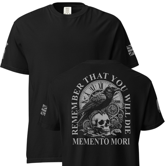 Front and back view of Black short sleeve classic cotton unisex fit T-Shirt by Achilles Tactical Clothing Brand with screen printed Memento Mori design on back