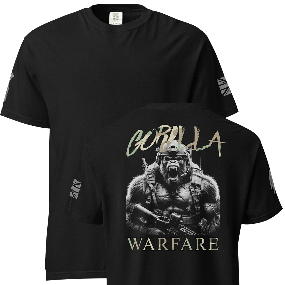 Front and back view of Black short sleeve classic cotton unisex fit T-Shirt by Achilles Tactical Clothing Brand with screen printed Gorilla Warfare design on back