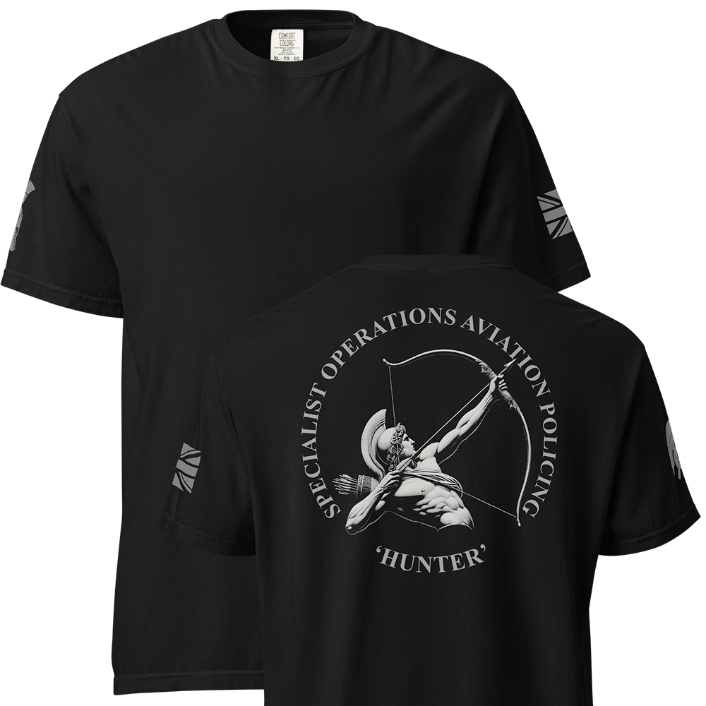 Front and back view of Black short sleeve classic cotton unisex fit T-Shirt by Achilles Tactical Clothing Brand with screen printed Hunter design on back