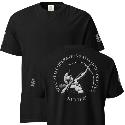 Front and back view of Black short sleeve classic cotton unisex fit T-Shirt by Achilles Tactical Clothing Brand with screen printed Hunter design on back