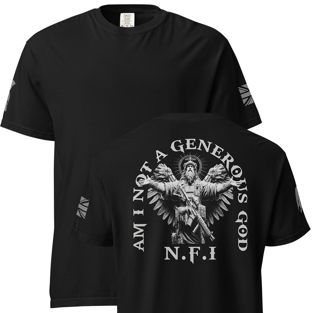 Front and back view of Black short sleeve classic cotton unisex fit T-Shirt by Achilles Tactical Clothing Brand with screen printed NFI Generous God design on back