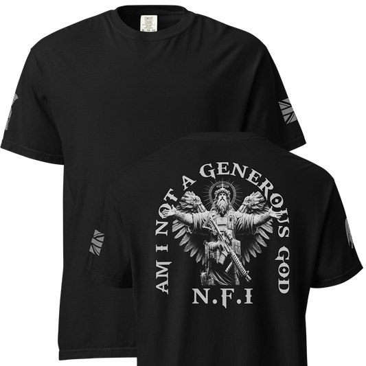 Front and back view of Black short sleeve classic cotton unisex fit T-Shirt by Achilles Tactical Clothing Brand with screen printed NFI Generous God design on back