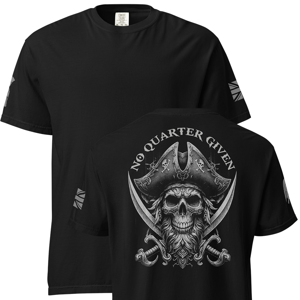 Front and back view of Black short sleeve classic cotton unisex fit T-Shirt by Achilles Tactical Clothing Brand with screen printed No Quarter Given design on back