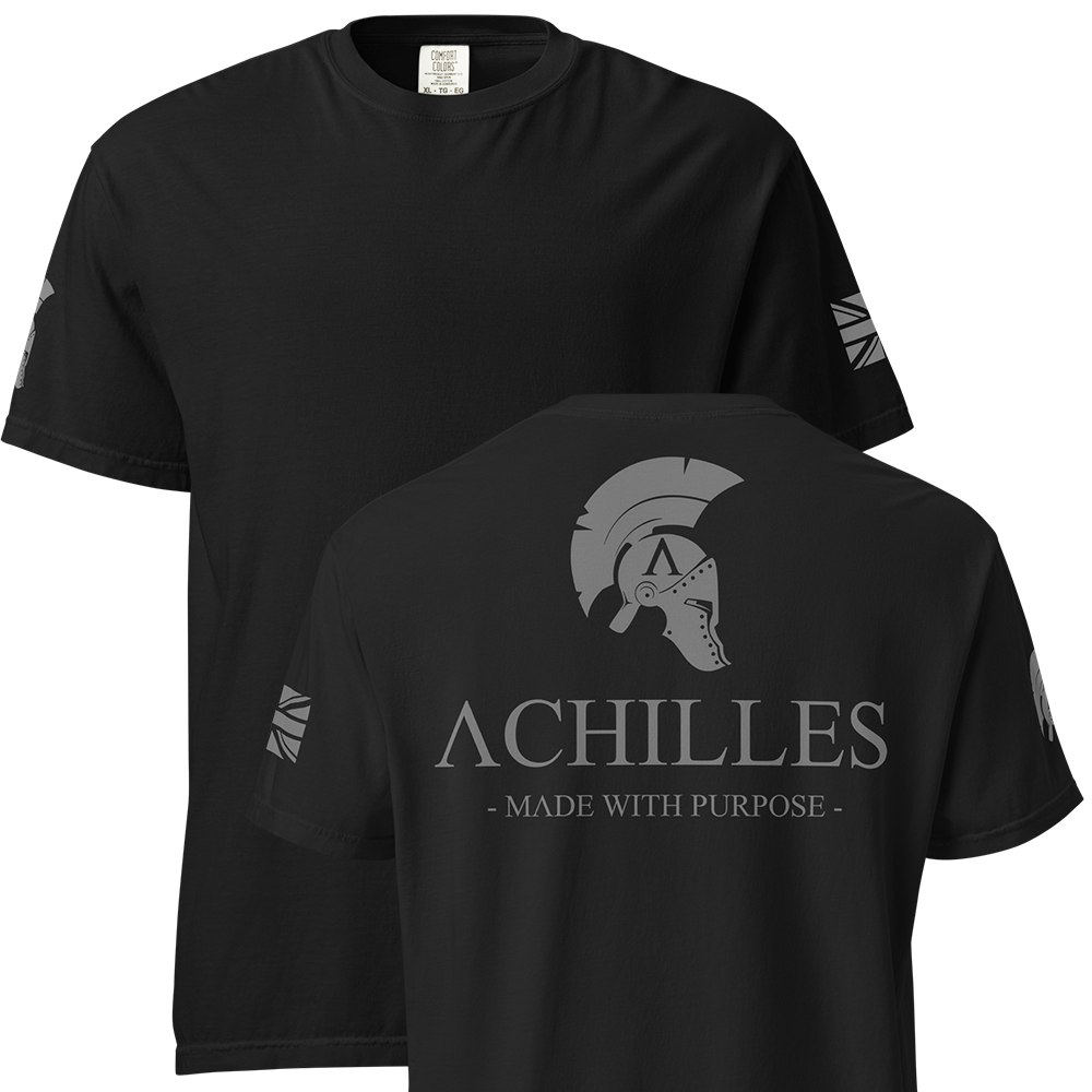 Front and back view of Black short sleeve unisex fit classic cotton T-Shirt by Achilles Tactical Clothing Brand printed with Large Signature Branded design across back