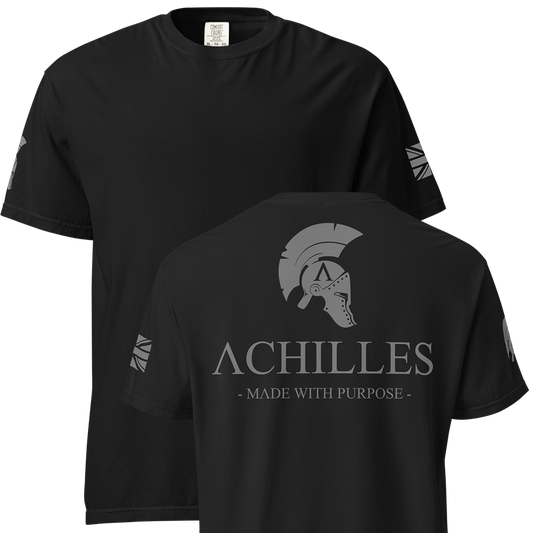 Front and back view of Black short sleeve unisex fit classic cotton T-Shirt by Achilles Tactical Clothing Brand printed with Large Signature Branded design across back