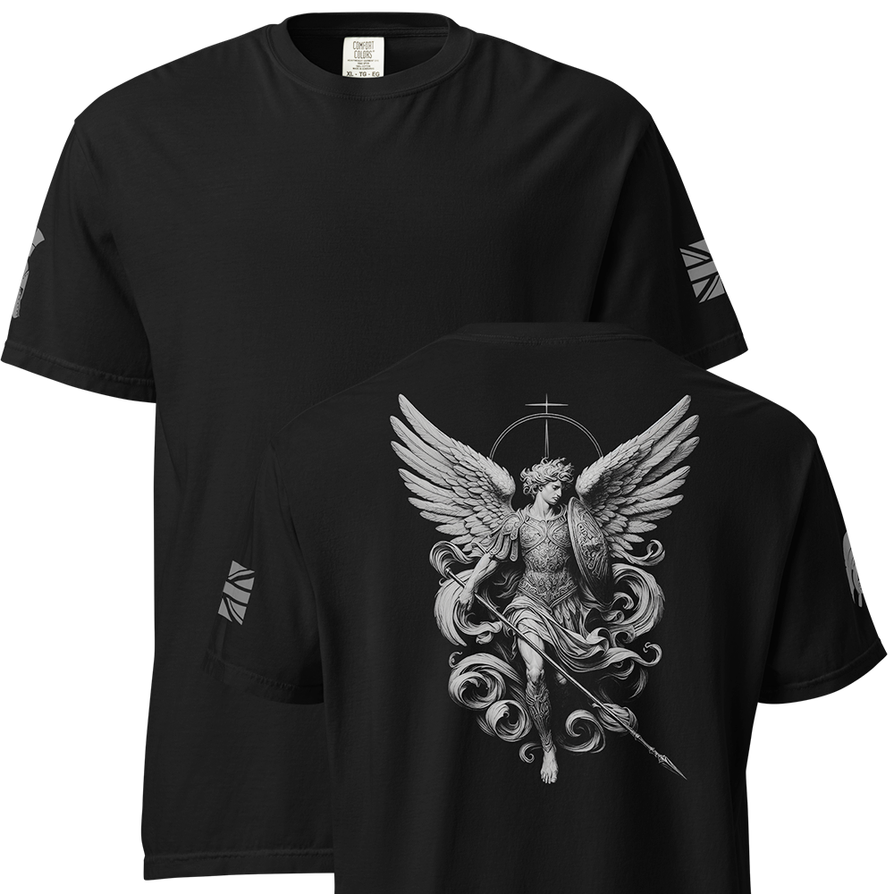 Front and back view of Black short sleeve unisex fit classic cotton T-Shirt by Achilles Tactical Clothing Brand printed with Large Archangel design across back