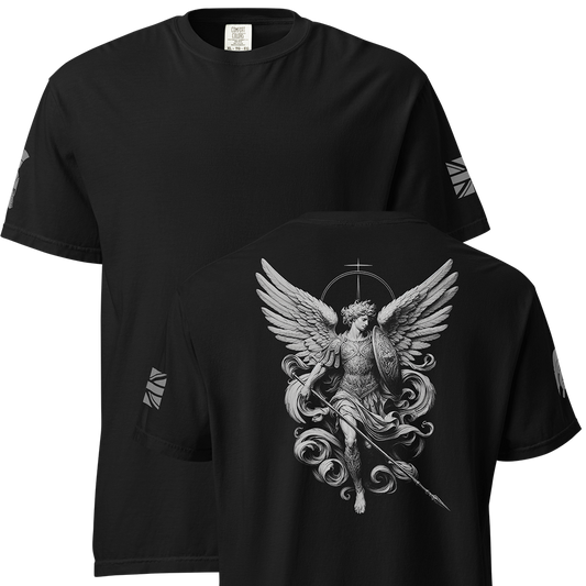 Front and back view of Black short sleeve unisex fit classic cotton T-Shirt by Achilles Tactical Clothing Brand printed with Large Archangel design across back