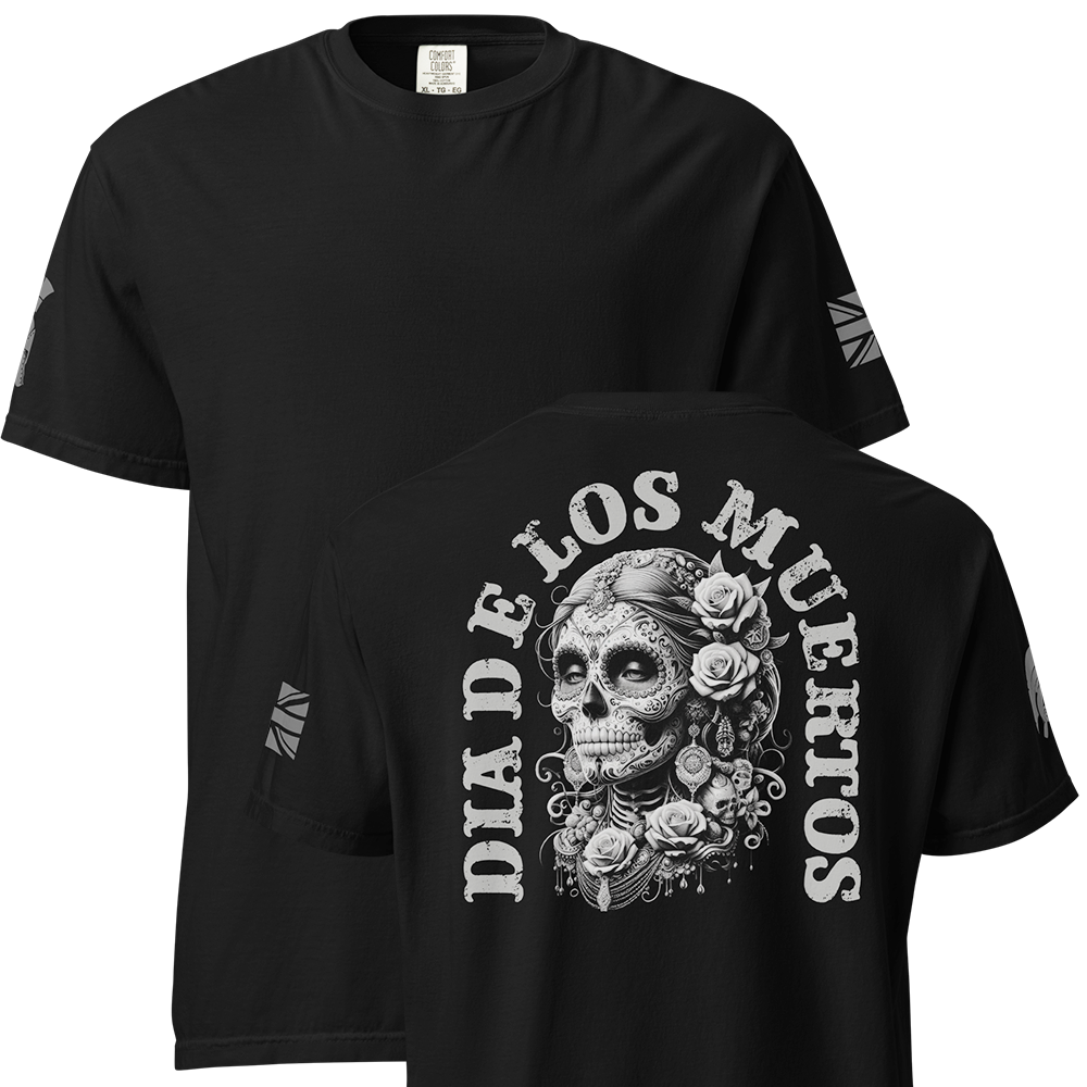 Front and back view of Black short sleeve unisex fit classic cotton T-Shirt by Achilles Tactical Clothing Brand printed with Large Dia De Los Muertos design across back