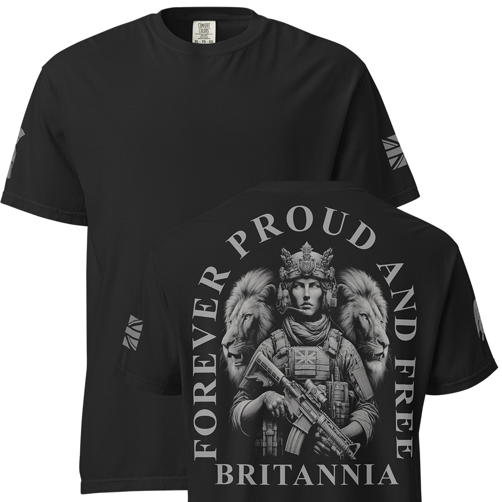 Front and back view of Black short sleeve unisex fit classic cotton T-Shirt by Achilles Tactical Clothing Brand printed with Large Proud and Free Britannia design across back