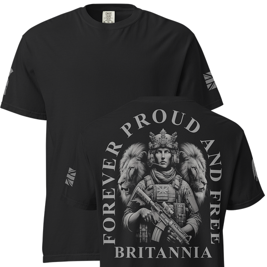 Front and back view of Black short sleeve unisex fit classic cotton T-Shirt by Achilles Tactical Clothing Brand printed with Large Proud and Free Britannia design across back