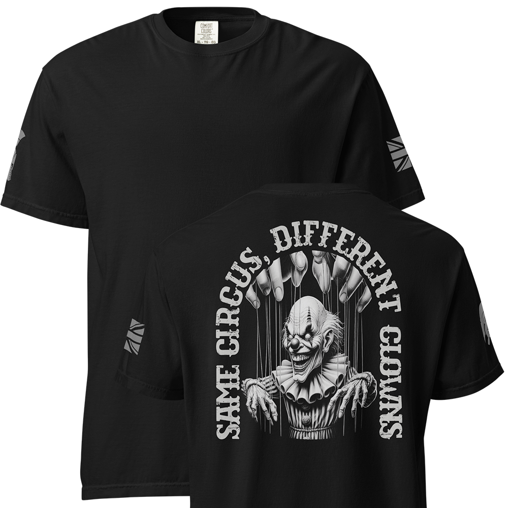 Front and back view of Black short sleeve classic cotton unisex fit T-Shirt by Achilles Tactical Clothing Brand with screen printed Same Circus design on back