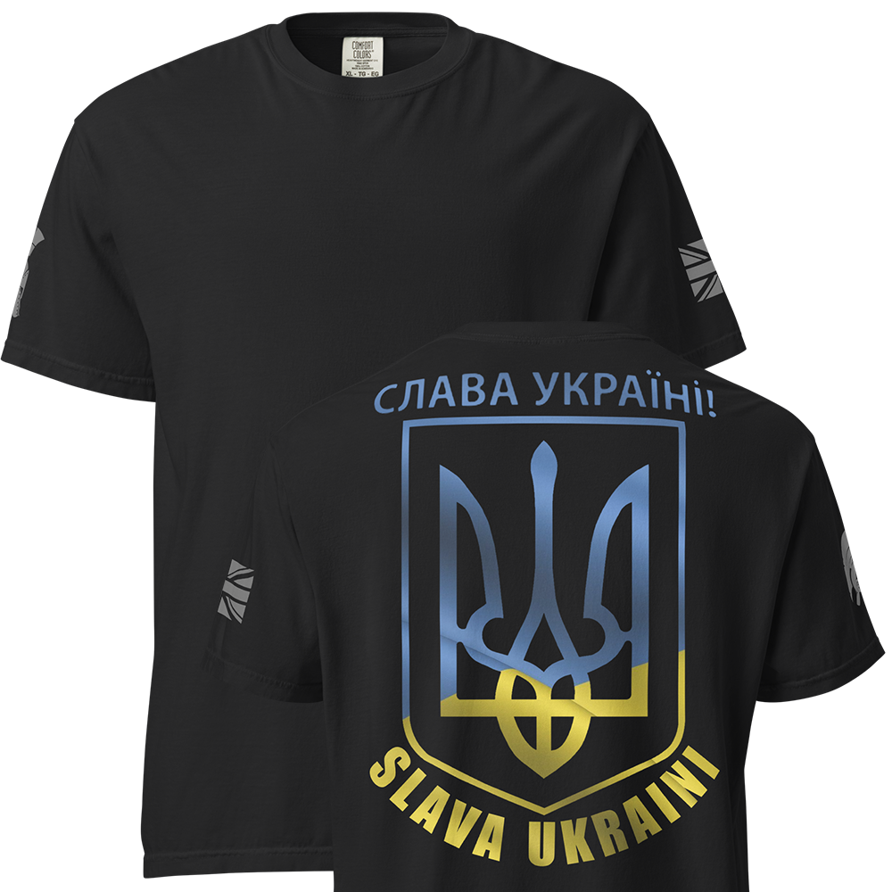 Front and back view of Black short sleeve unisex fit classic cotton T-Shirt by Achilles Tactical Clothing Brand printed with Large colour Slava Ukraini design across back