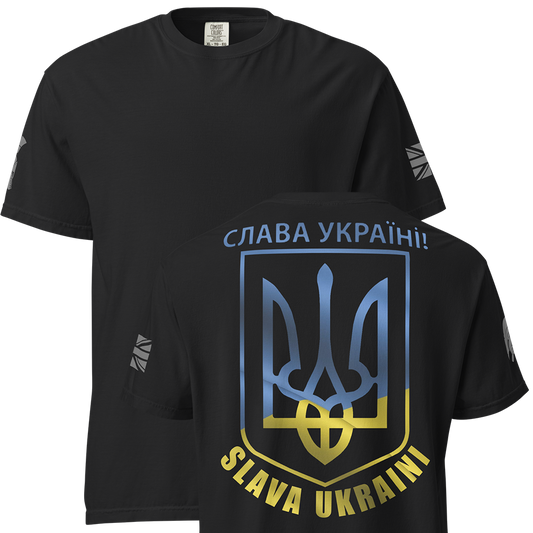 Front and back view of Black short sleeve unisex fit classic cotton T-Shirt by Achilles Tactical Clothing Brand printed with Large colour Slava Ukraini design across back