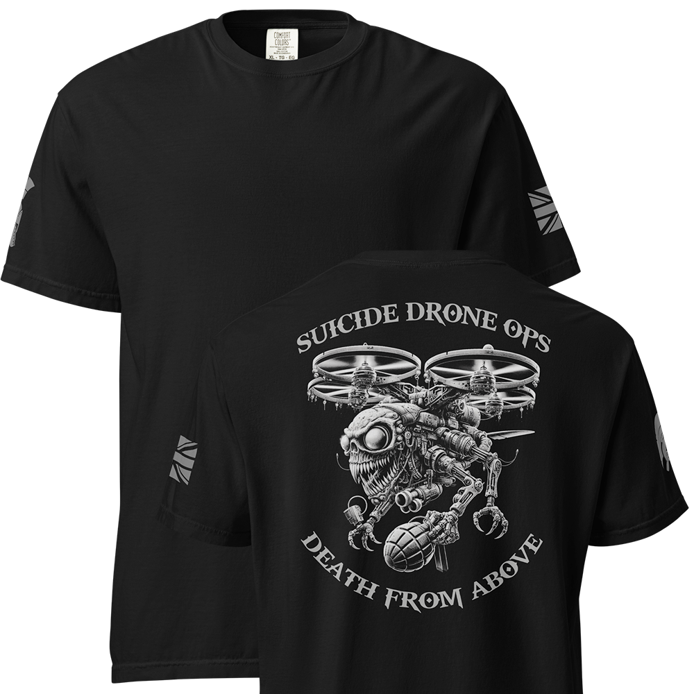 Front and back view of Black short sleeve classic cotton unisex fit T-Shirt by Achilles Tactical Clothing Brand with screen printed Suicide drone ops design on back