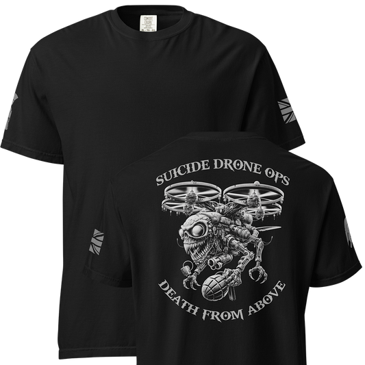 Front and back view of Black short sleeve classic cotton unisex fit T-Shirt by Achilles Tactical Clothing Brand with screen printed Suicide drone ops design on back