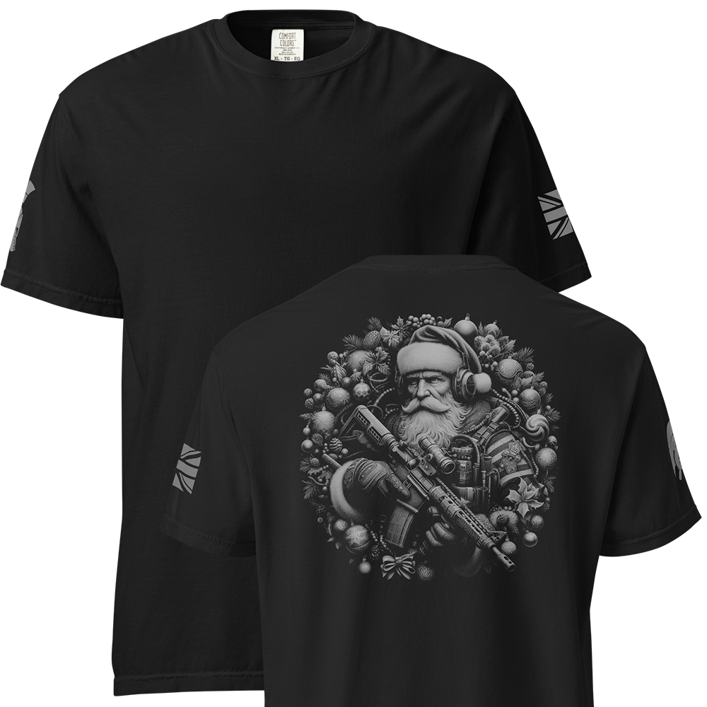 Front and back view of Black short sleeve unisex fit classic cotton T-Shirt by Achilles Tactical Clothing Brand printed with Large Tactical Santa design across back