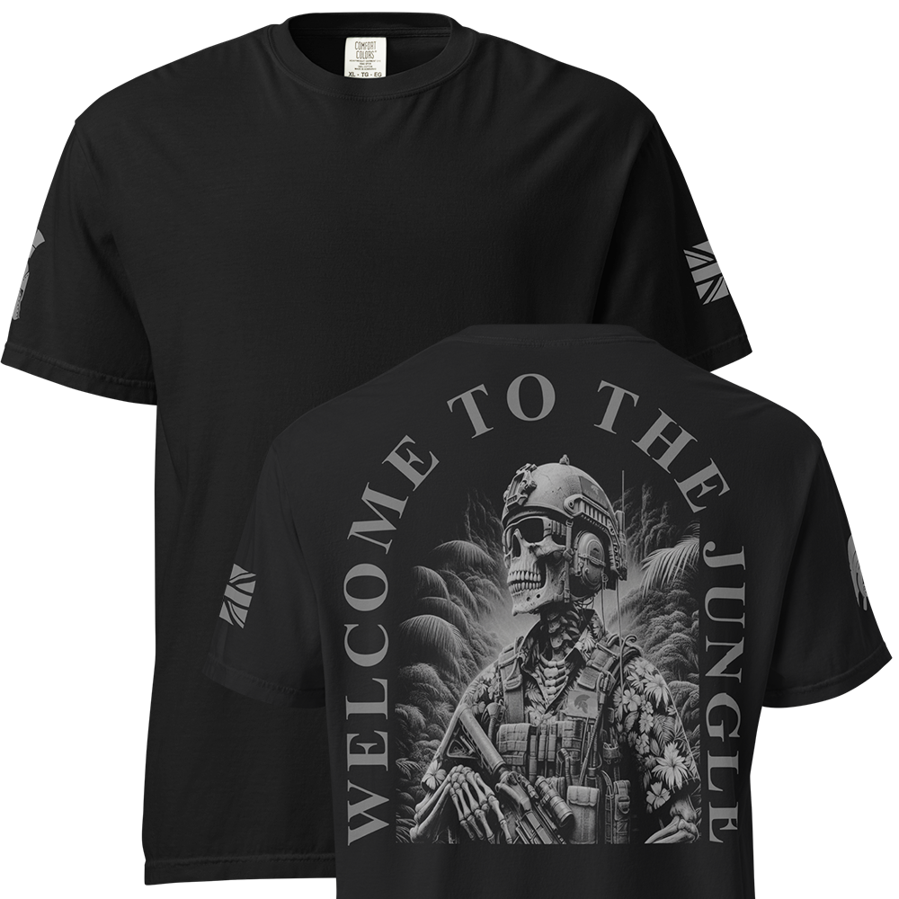 Front and back view of Black short sleeve unisex fit classic cotton T-Shirt by Achilles Tactical Clothing Brand printed with Large welcome to the jungle design across back