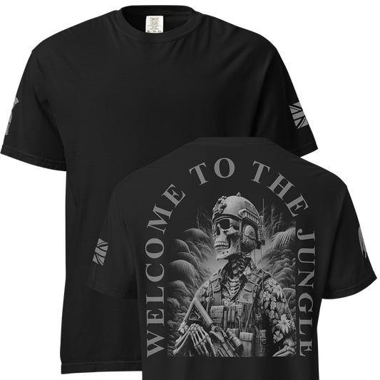 Front and back view of Black short sleeve unisex fit classic cotton T-Shirt by Achilles Tactical Clothing Brand printed with Large welcome to the jungle design across back